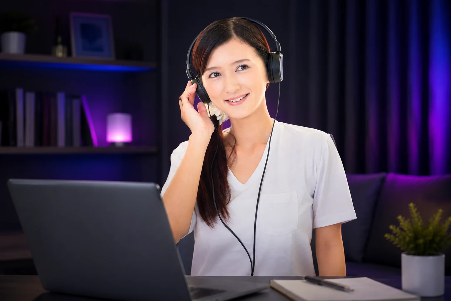 オンライン英語レッスンでヘッドホンをつけてフィードバックを受けている女性