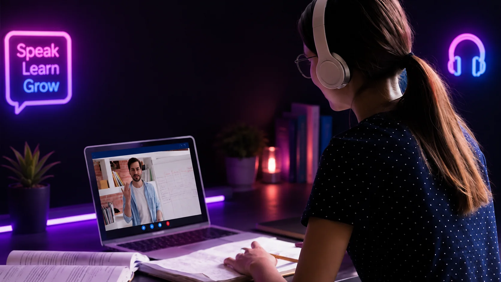 ヘッドホンで英語のダイアログ音声を聞きながらオンライン学習をしている学習者
