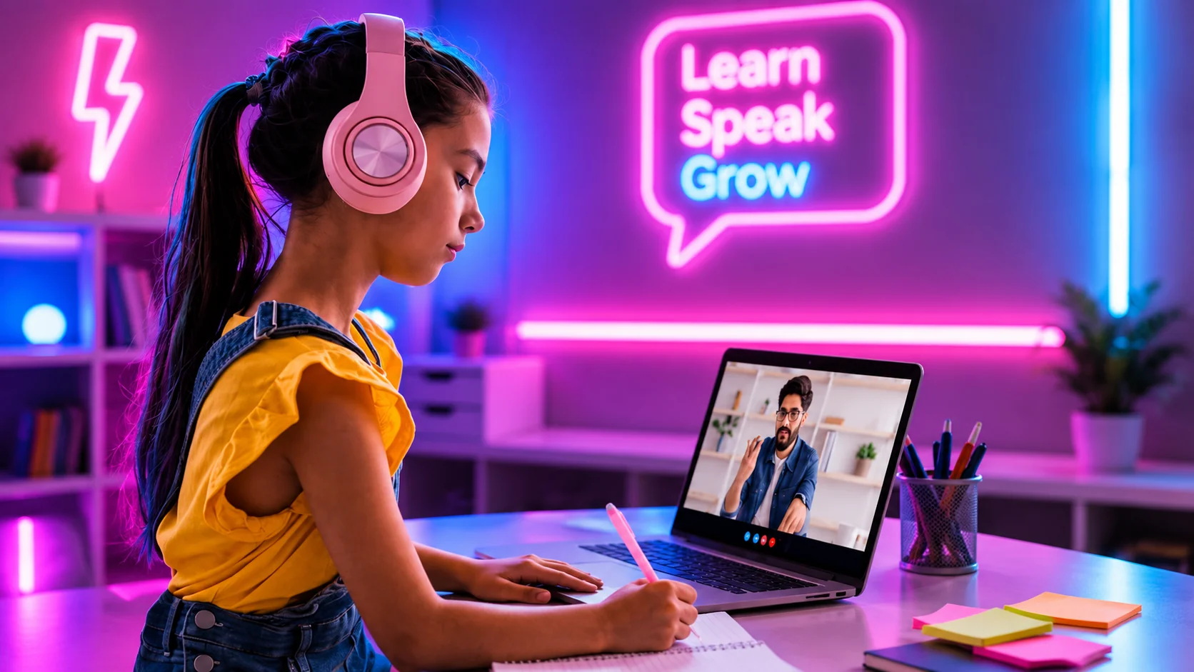 オンライン英語レッスンで短いダイアログを使って会話練習をしている学習者